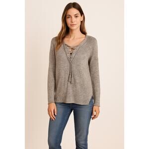 Brochu Walker Women’s Small Sweater Oatmeal 100% Linen Tie Front Boho